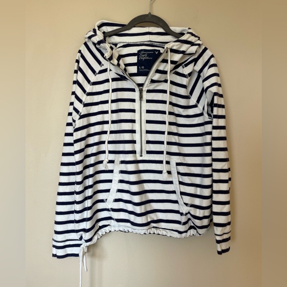 American Eagle Hooded Sweatshirt Navy & White Stripes Size Large - Picture 3 of 11